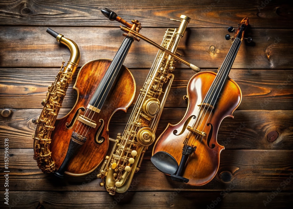 Naklejka premium Vintage Classical Music Instruments: Tenor Sax, Violin, Clarinet - Stock Photo