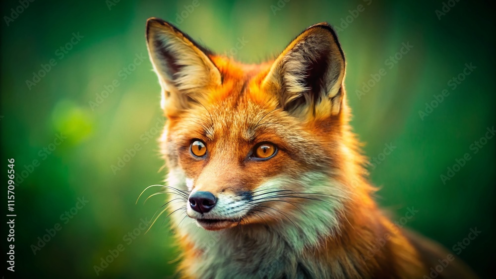 Fototapeta premium Vintage Close-Up of a Red Fox Against Lush Green Foliage