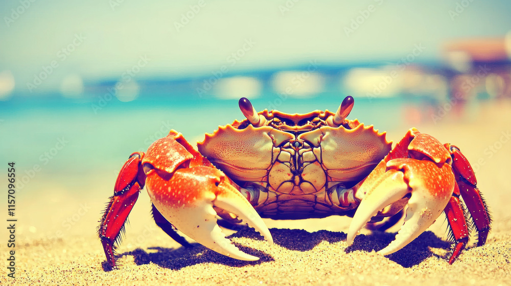 vibrant crab on sandy beach with ocean in background, showcasing its claws and colors vibrant crab on sandy beach with ocean in background, showcasing its claws and colors