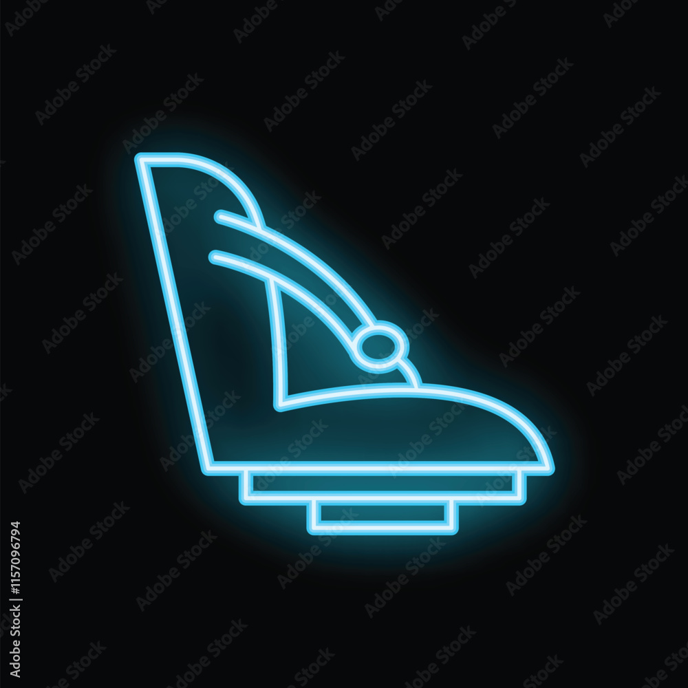 Neon icon of baby car seat shining on dark background Neon icon of baby car seat shining on dark background