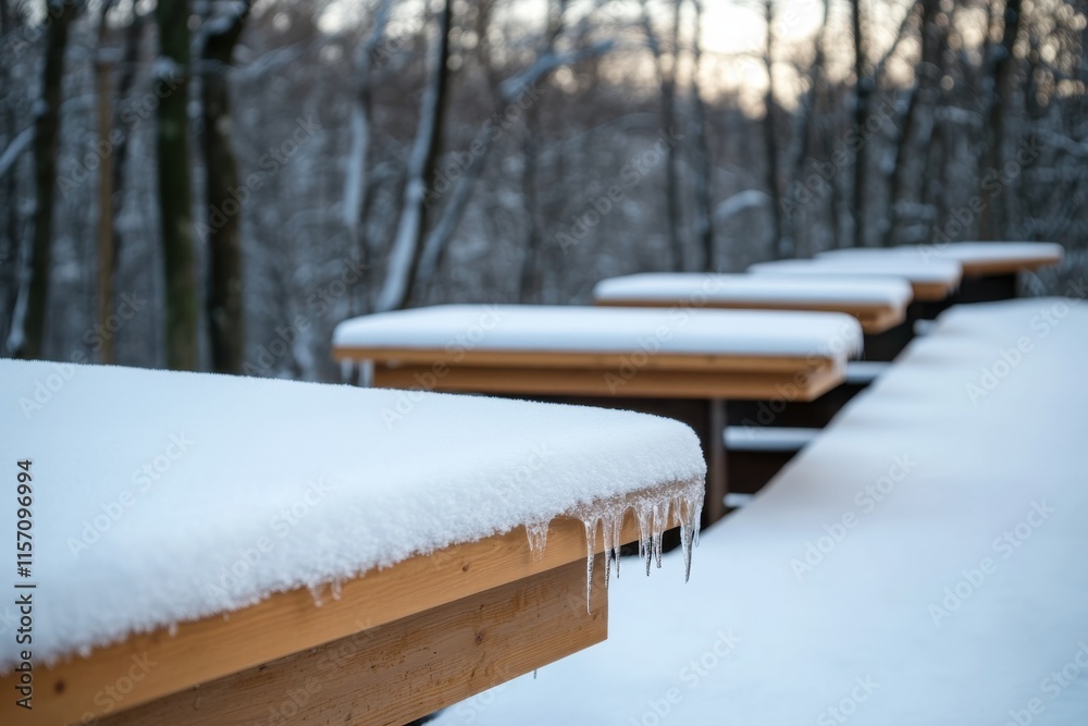 custom made wallpaper toronto digitalA serene winter landscape showcasing a wooden railing covered with a thick layer of pristine snow, surrounded by tranquil trees and a peaceful, snowy pathway.
