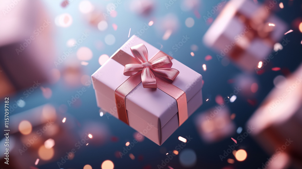 Falling and floating Christmas gift boxes with bows and ribbons, New Year gifts Falling and floating Christmas gift boxes with bows and ribbons, New Year gifts