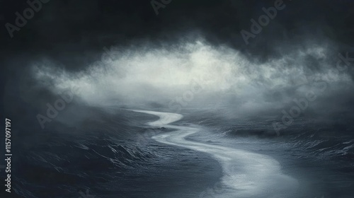 Dark, winding road disappearing into a mysterious, foggy landscape under a stormy sky.