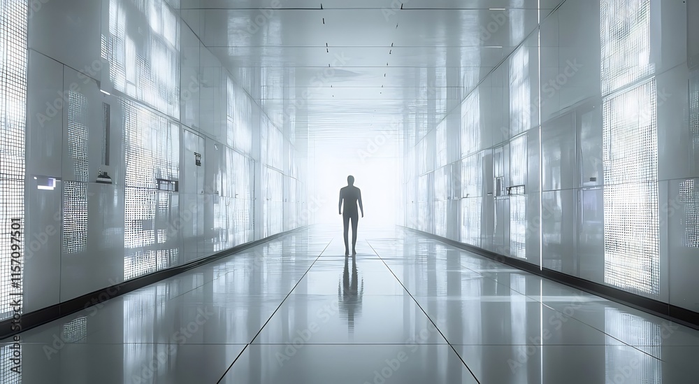 A lone figure walks down a bright, futuristic corridor with glowing walls. A lone figure walks down a bright, futuristic corridor with glowing walls.