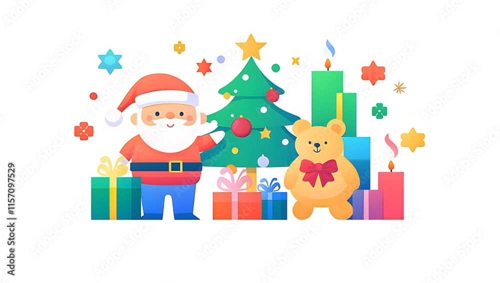 Santa Claus, Christmas tree, teddy bear, gifts, candles, festive decorations. Santa Claus, Christmas tree, teddy bear, gifts, candles, festive decorations.