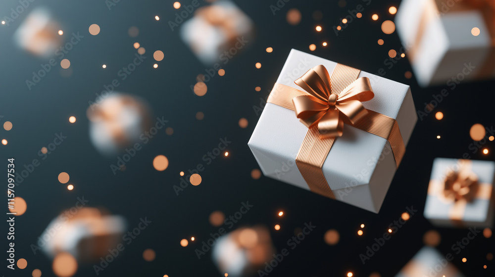 Falling and floating Christmas gift boxes with bows and ribbons, New Year gifts Falling and floating Christmas gift boxes with bows and ribbons, New Year gifts