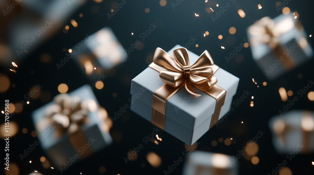 Falling and floating Christmas gift boxes with bows and ribbons, New Year gifts Falling and floating Christmas gift boxes with bows and ribbons, New Year gifts