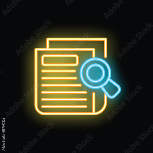 Neon icon of a magnifying glass hovering over a document, representing the concept of due diligence