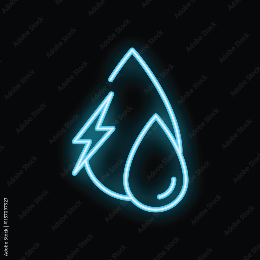Neon sign illuminating a water drop with a lightning bolt, symbolizing hydroelectric power, clean energy and sustainability Neon sign illuminating a water drop with a lightning bolt, symbolizing hydroelectric power, clean energy and sustainability