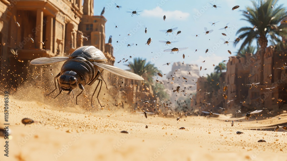 Obraz premium Giant insect flies through desert town, swarm.
