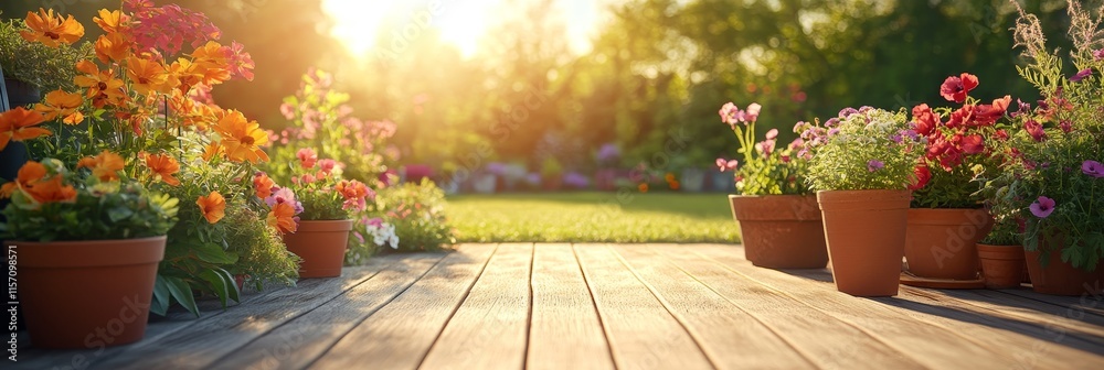 Obraz premium Sunny terrace wooden deck with colorful flower pots of blooming summer flowers during sunset.