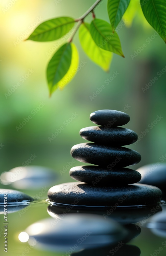 Zen stones stack on water surface. Serene natural setting with blurred leaves, light. Peaceful spa oasis atmosphere. Rejuvenating moment. Ideal for relaxation, mindfulness. Tranquil beauty. Perfect Zen stones stack on water surface. Serene natural setting with blurred leaves, light. Peaceful spa oasis atmosphere. Rejuvenating moment. Ideal for relaxation, mindfulness. Tranquil beauty. Perfect