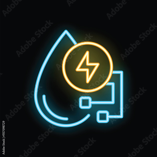 Neon icon representing hydroelectricity with a water drop connected to a power source