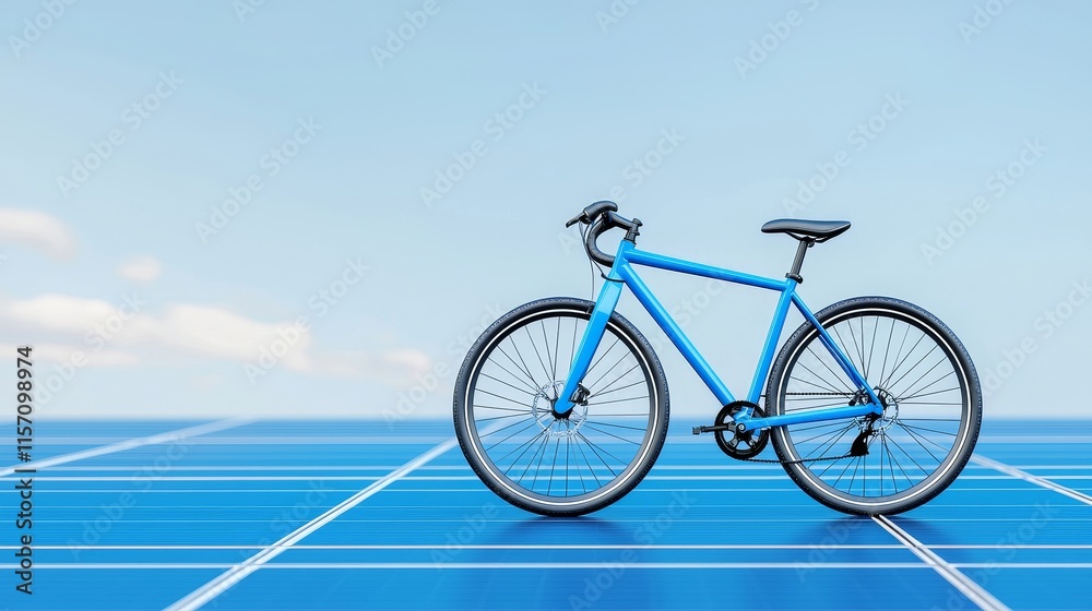 Fototapeta premium Near solar panels, a blue bicycle is parked, exemplifying sustainable energy and eco-friendly travel in the city.