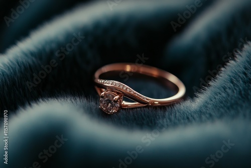 The photo depicts a sophisticated gold ring with a unique twisted design, delicately placed on a plush green fabric, offering an air of mystery and intrigue.