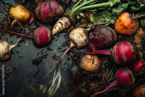 Root vegetables, such as beets and turnips, are shown with soil clinging to them in a muddy environment, emphasizing a fresh harvest and natural aesthetic. photo