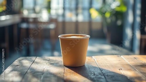 Minimalist paper coffee cup on rustic wooden table in cafe with natural light photo