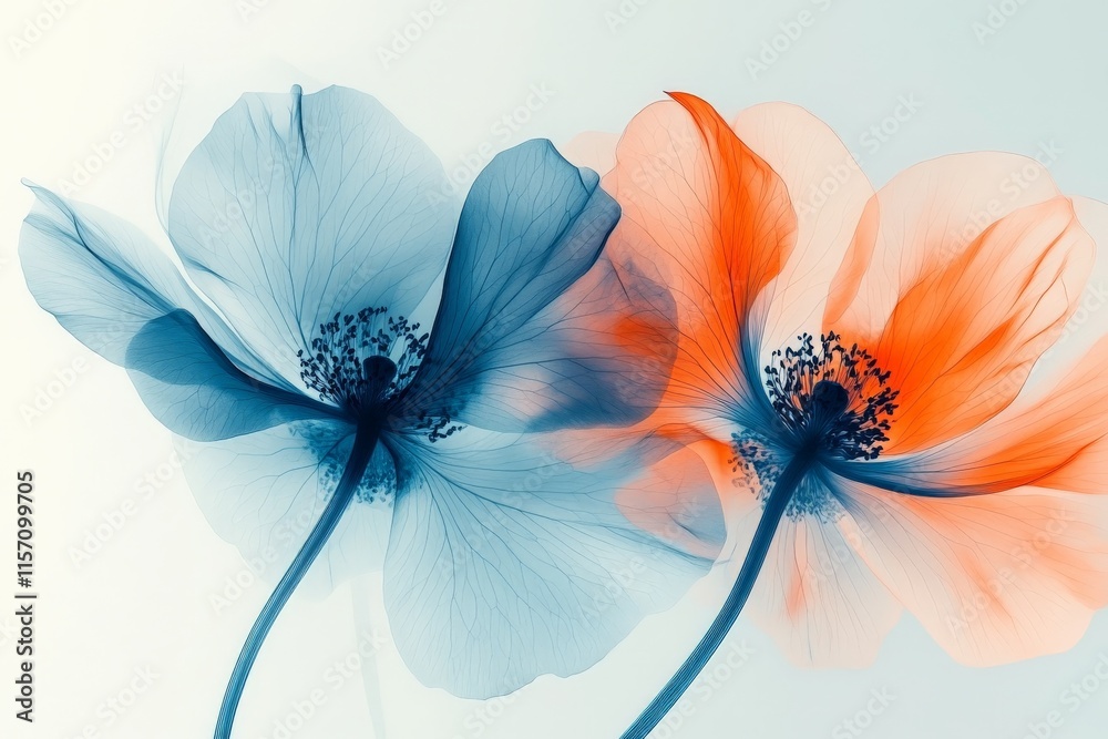 Obraz premium This image showcases a captivating duo of translucent flowers, bathed in ethereal blue and orange hues, creating a stunning, dreamy visual effect.