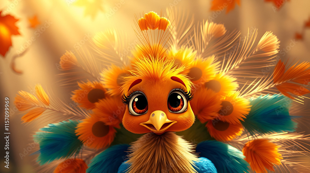 Charming cartoon bird with colorful feathers and expressive eyes in a soft light setting Charming cartoon bird with colorful feathers and expressive eyes in a soft light setting