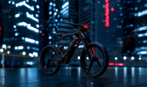 A cityscape scene featuring an electric bicycle in motion, its display illuminated. photo