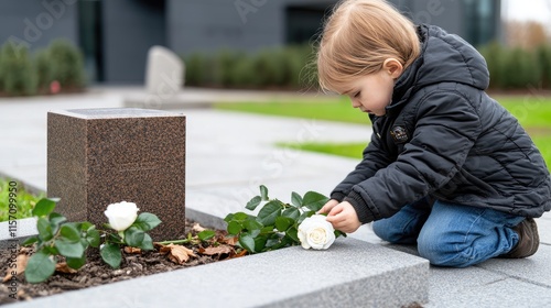 Blonde girl in black kneels to place a white rose on a gravestone, creating a solemn atmosphere in the cemetery