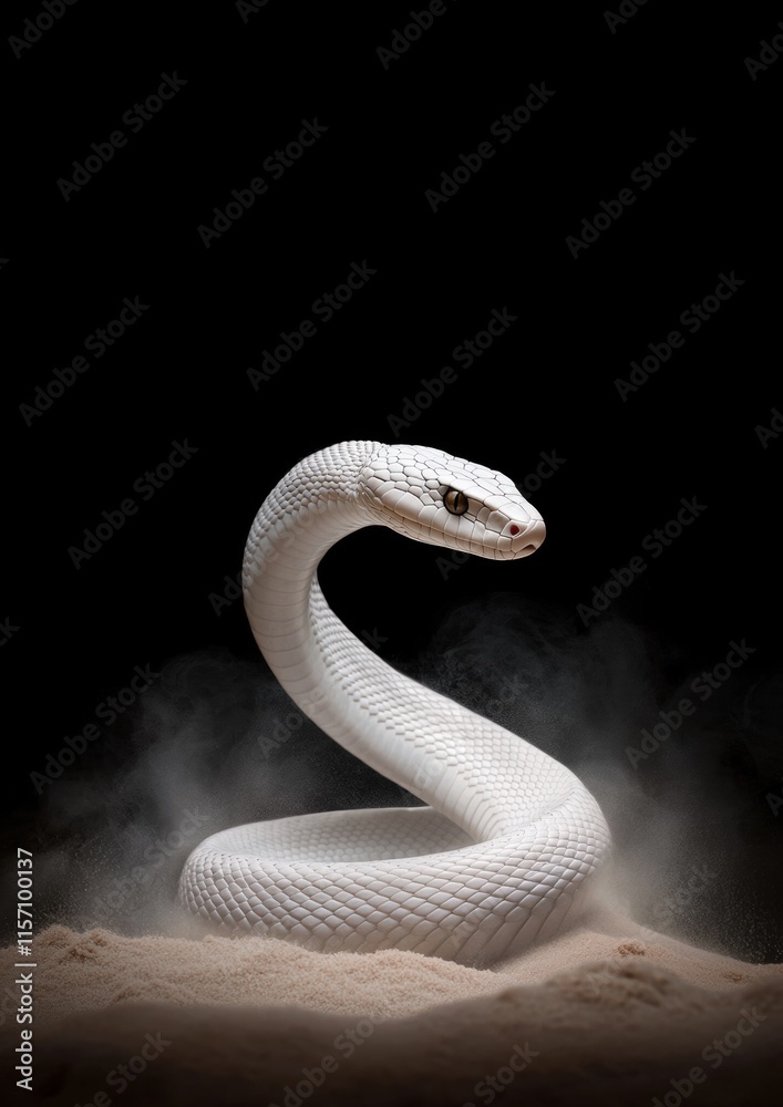 Fototapeta premium A white snake is curled up on the sand