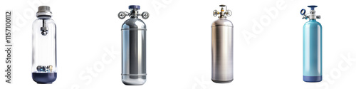 Silver scuba diving oxygen tank with valves and pressure gauges for underwater and adventure