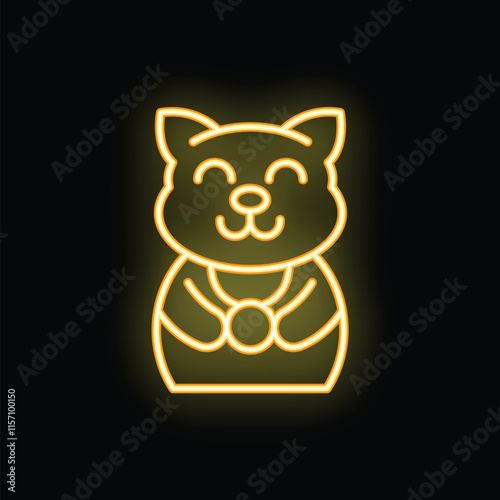 Yellow neon sign of a smiling maneki neko, a japanese lucky charm believed to bring wealth and fortune to its owner