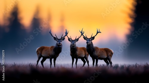 Majestic deer, outlined against the mist, stand tall in the golden light of dawn. This tranquil scene is perfect for nature-themed projects and wildlife conservation materials. photo