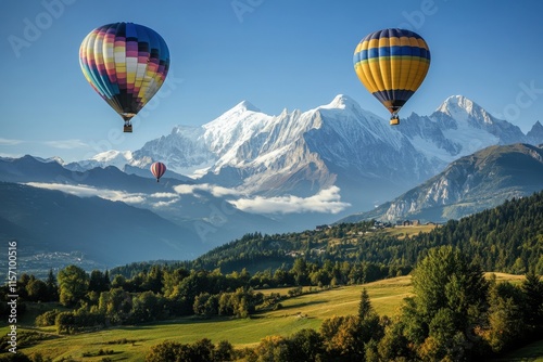 Colorful hot air balloons soar over a large crowd during a festival in a scenic valley at sunset photo