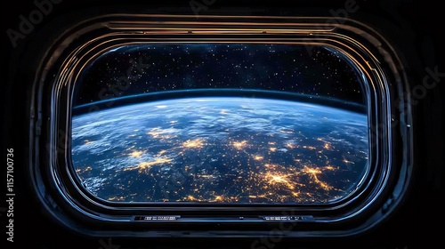 Earth at night viewed from spaceship porthole; city lights, stars, atmosphere.