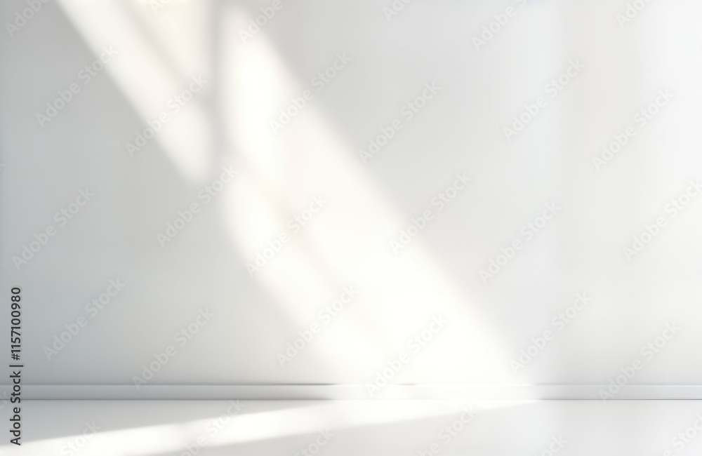 Empty indoor studio space with white walls, floor. Sunlight streams in through window creating soft shadows on wall. Minimalist, modern design perfect for product presentations or text insertions. Empty indoor studio space with white walls, floor. Sunlight streams in through window creating soft shadows on wall. Minimalist, modern design perfect for product presentations or text insertions.