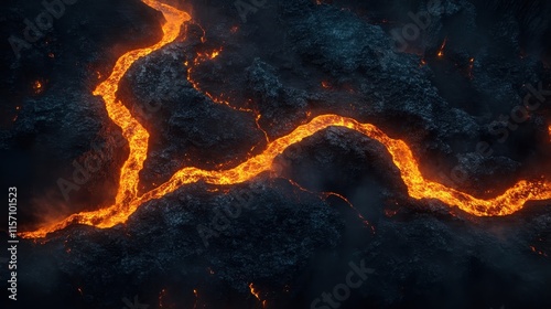 Glowing Lava Rivers in Abstract Aerial View