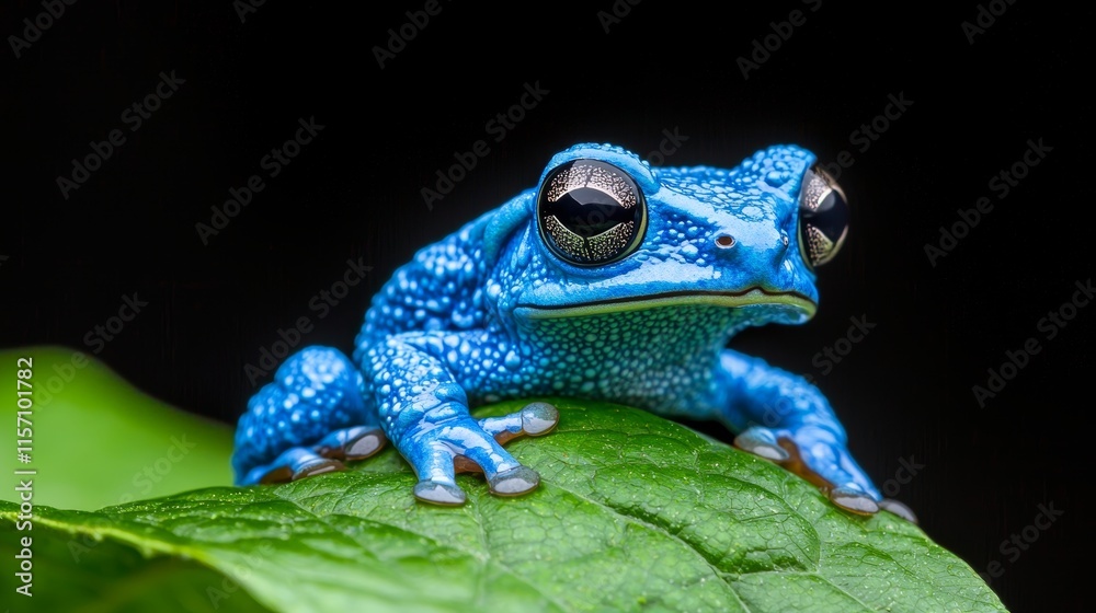 An eye-catching close-up of a blue frog perched on a leaf with a dark backdrop, ideal for nature-themed projects, educational resources, or wildlife conservation efforts. An eye-catching close-up of a blue frog perched on a leaf with a dark backdrop, ideal for nature-themed projects, educational resources, or wildlife conservation efforts.
