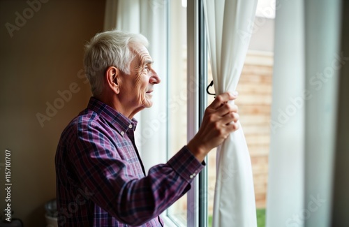 Elderly man stands at home window. Pulls white curtain. Looks outside. Indoor scene. Quiet moment. Older person enjoying view. Thoughtful expression. Possible mental health concern. Could in nursing photo