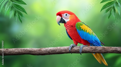 A brilliant parrot perched on a branch among lush greenery, exhibiting a beautiful array of colors. This scene is ideal for nature-related projects and educational materials.