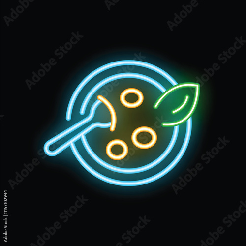 Neon sign is glowing in the dark, showing a fork taking food from a plate with a garnish