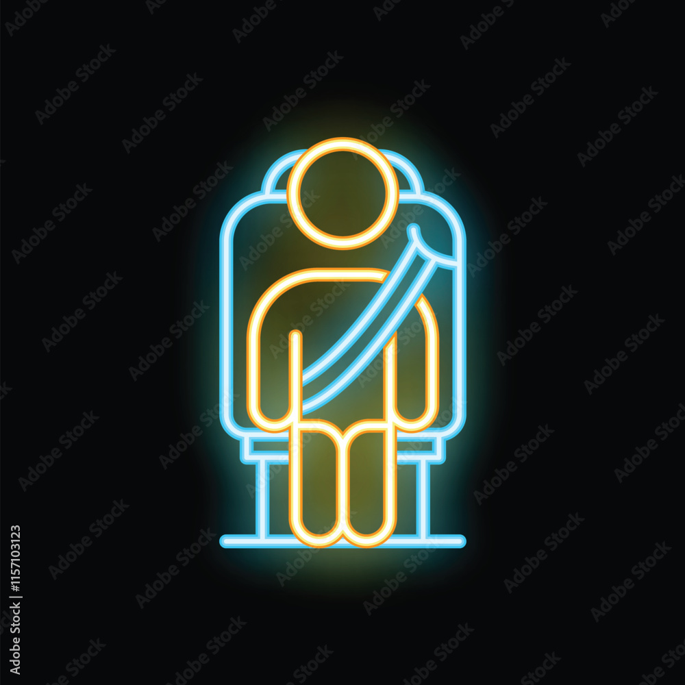Fototapeta premium Neon icon of a passenger sitting with fastened seat belt in an airplane, train, or other public transportation