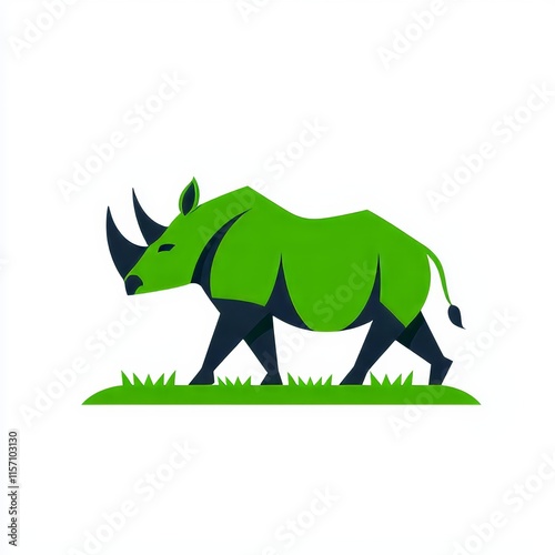 A true-to-life depiction of a rhinoceros walking on green grass, against a plain white background, tailored for nature and wildlife design projects. photo