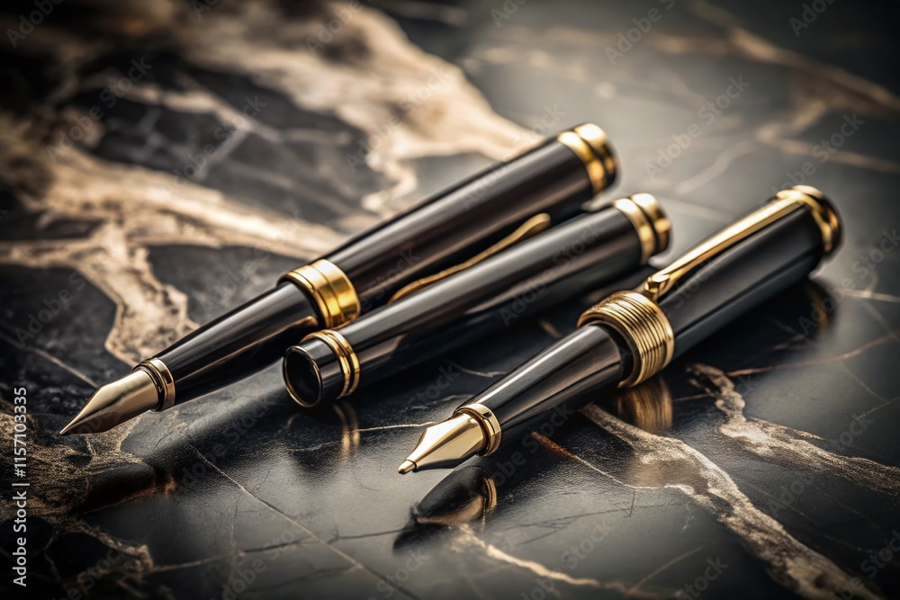 Fototapeta premium Vintage Still Life: Two Pens on Black Marble - Retro Desk Photography