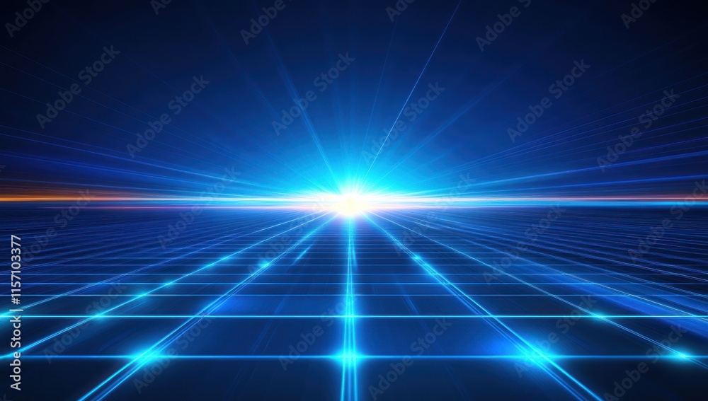 Glowing Blue Grid Digital Horizon Bright Light Rays Futuristic Scene Glowing Blue Grid Digital Horizon Bright Light Rays Futuristic Scene