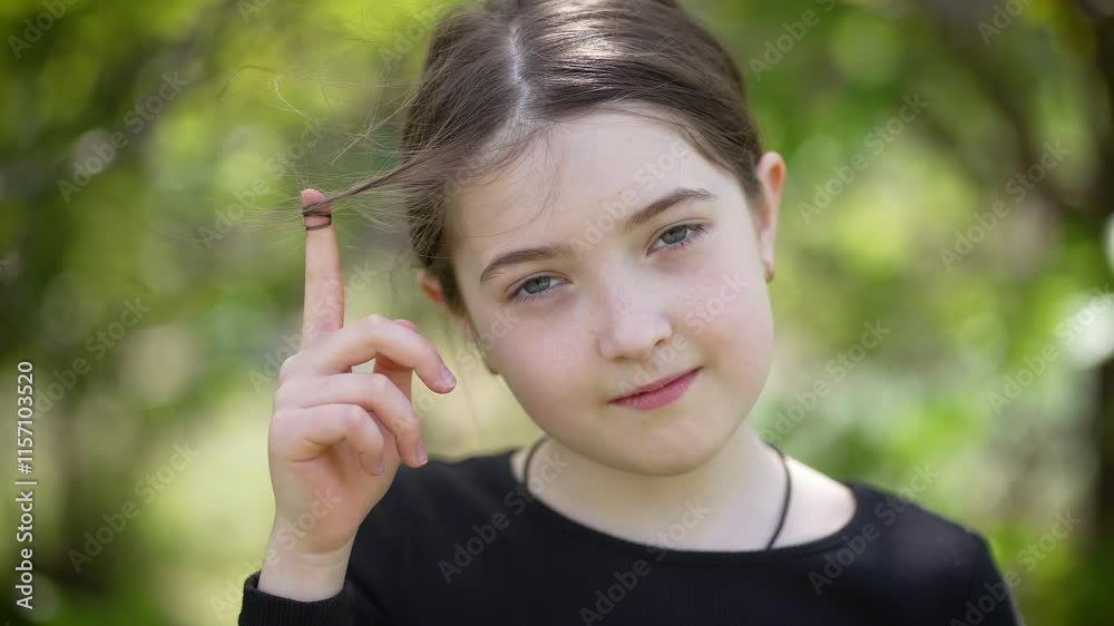 Cheerful teenage girl twirls hair around her finger in park. Portrait Lively young female adolescent playfully wraps hair around finger while enjoying outdoors. Happiness and carefree children Cheerful teenage girl twirls hair around her finger in park. Portrait Lively young female adolescent playfully wraps hair around finger while enjoying outdoors. Happiness and carefree children