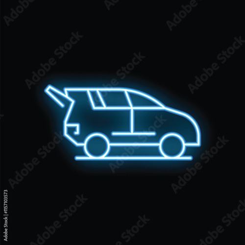 Neon icon of blue minivan representing travel, family trip and transportation