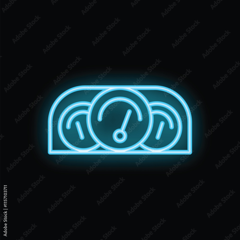 Blue neon icon of a dashboard with speedometer and gauges glowing on a black background Blue neon icon of a dashboard with speedometer and gauges glowing on a black background