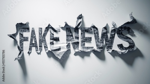 The torn of a white paper with big black letters Fake news