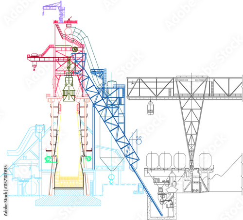 Vector sketch illustration of blast furnace detail design silhouette for mining and construction industry.eps