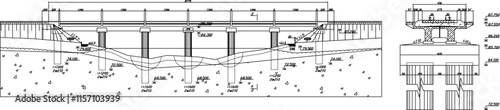 Vector sketch illustration of bridge construction detail design silhouette with dimensions and sections.eps