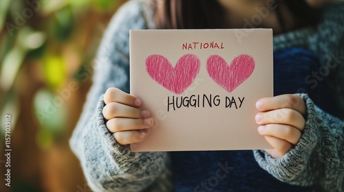 National hugging day written in paper holding by hands.