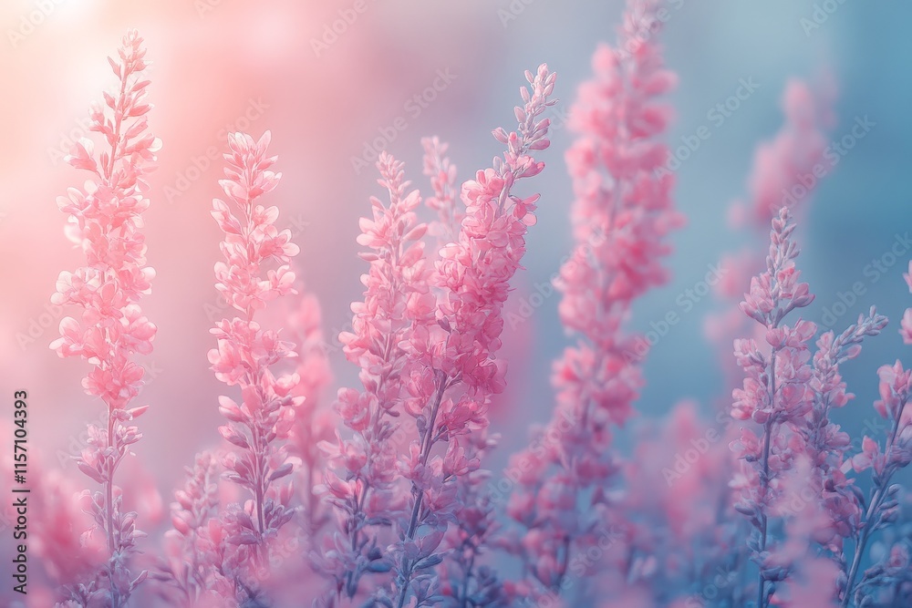 Naklejka premium Gentle pink flowers blossom in a soothing, soft ambiance, conveying a sense of peaceful beauty and natural harmony, enhanced by the soft background.