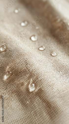 Close up of beige linen fabric with water droplets
